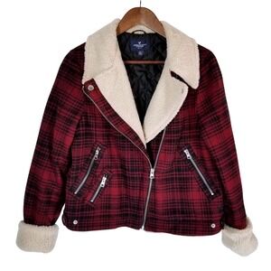 American Eagle Red Plaid Moto Jacket Sherpa Collar Lined Winter Warm Womens L